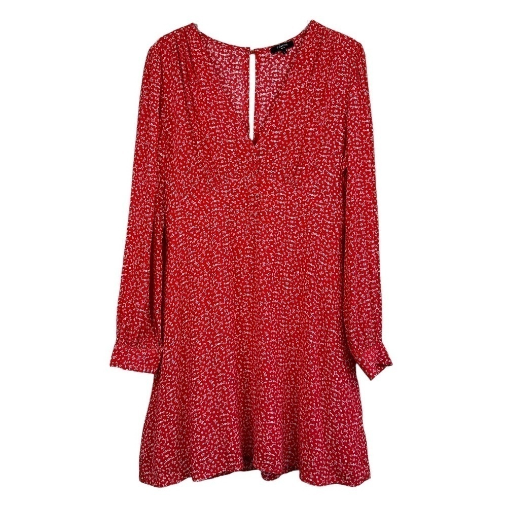 FRNCH Paris Large Bohemian Red Floral Mini Dress V-Neck Long Sleeve Lined Casual